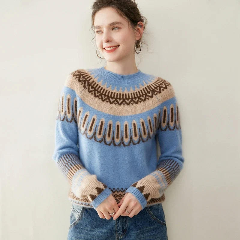 Women's Cashmere Fair Isle Sweater with Crew Neck and Long Sleeves