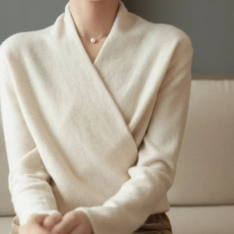 Women's V Neck Knit Sweater with Wrap Front and Long Sleeves