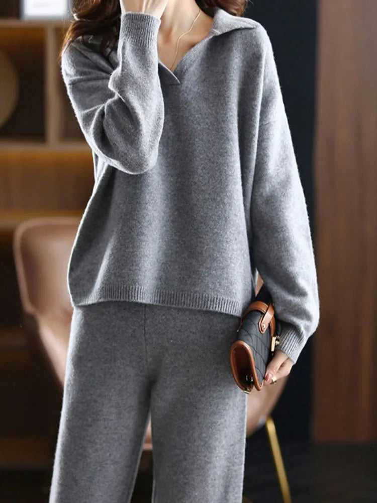 Women's Polo Collar Knit Sweater and Pants Set with V Neck