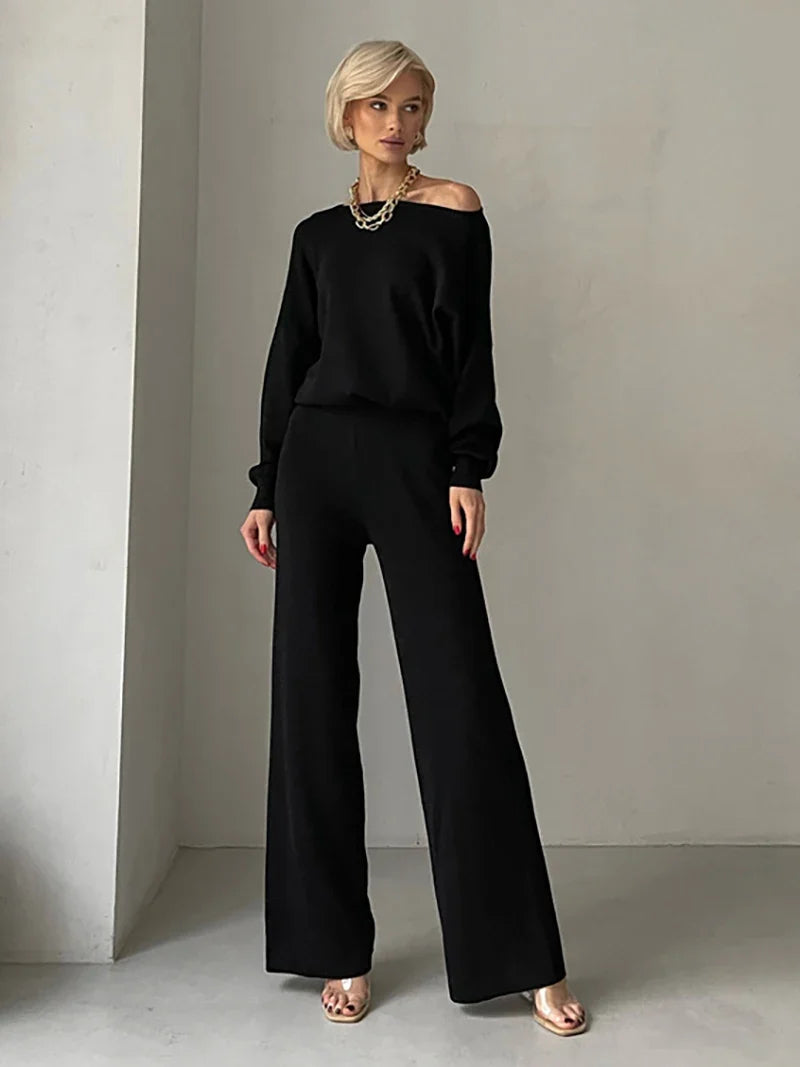 Women's Off Shoulder Knit Sweater and Pants Set with Wide Neck