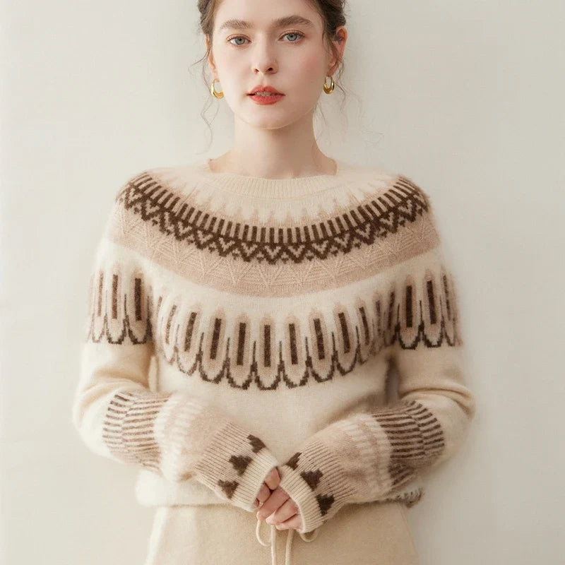 Women's Cashmere Fair Isle Sweater with Crew Neck and Long Sleeves