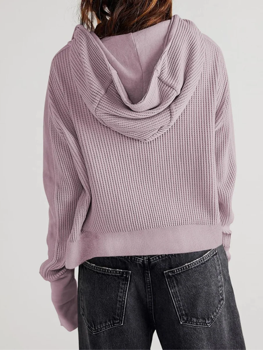 Women's Cropped Waffle Knit Hoodie with Full Zip and Button Collar