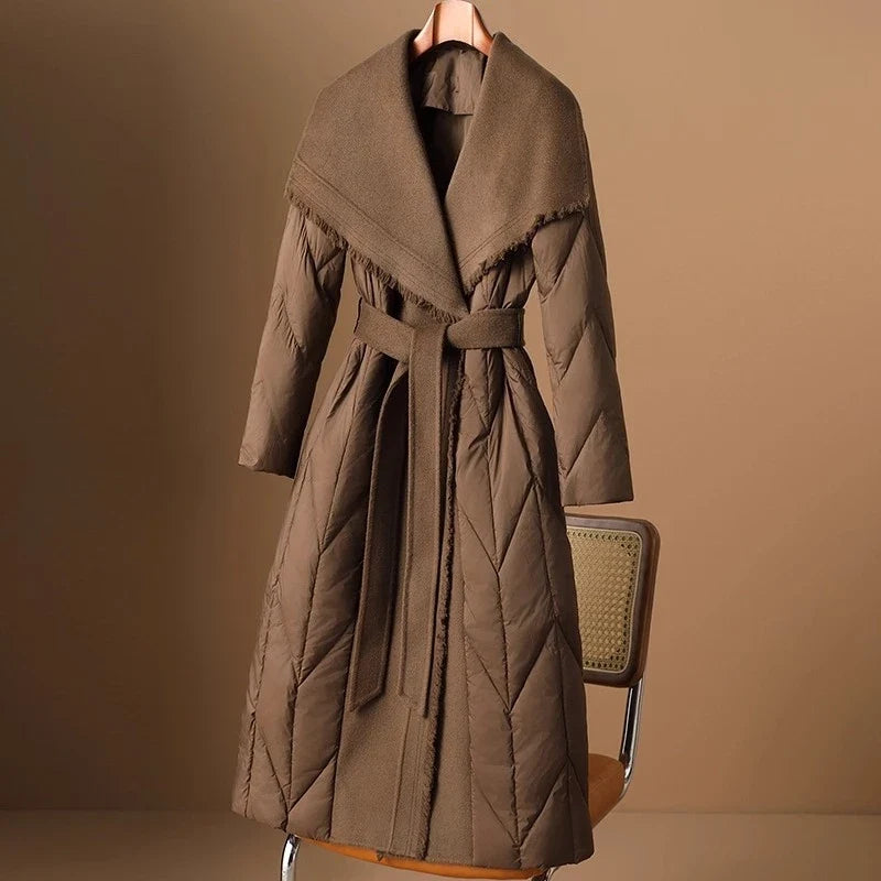 Women's Long Down Coat with Wool Trim and Open Front Design