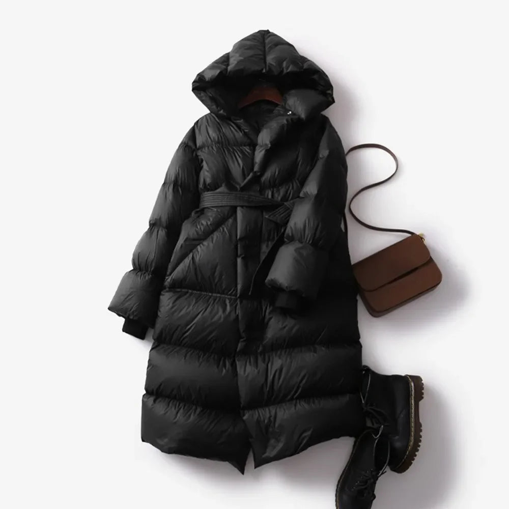 Women's Long Belted Down Puffer Coat with Hood and Zip Front