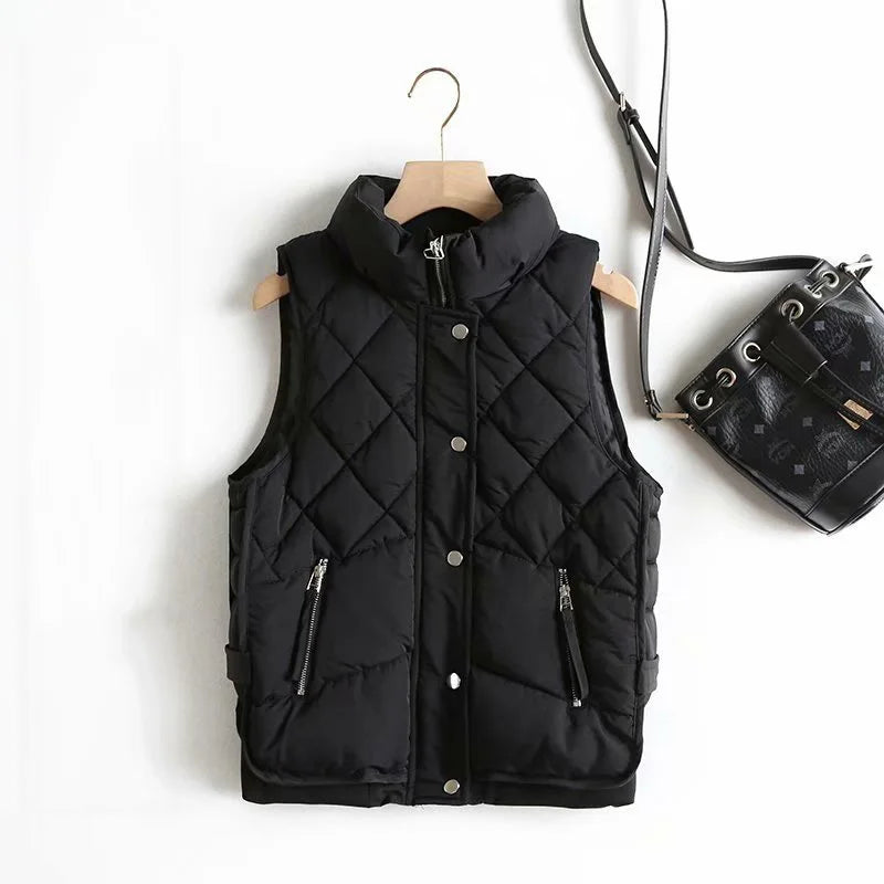 Women's Quilted Puffer Vest with Snap Button Front and Pockets