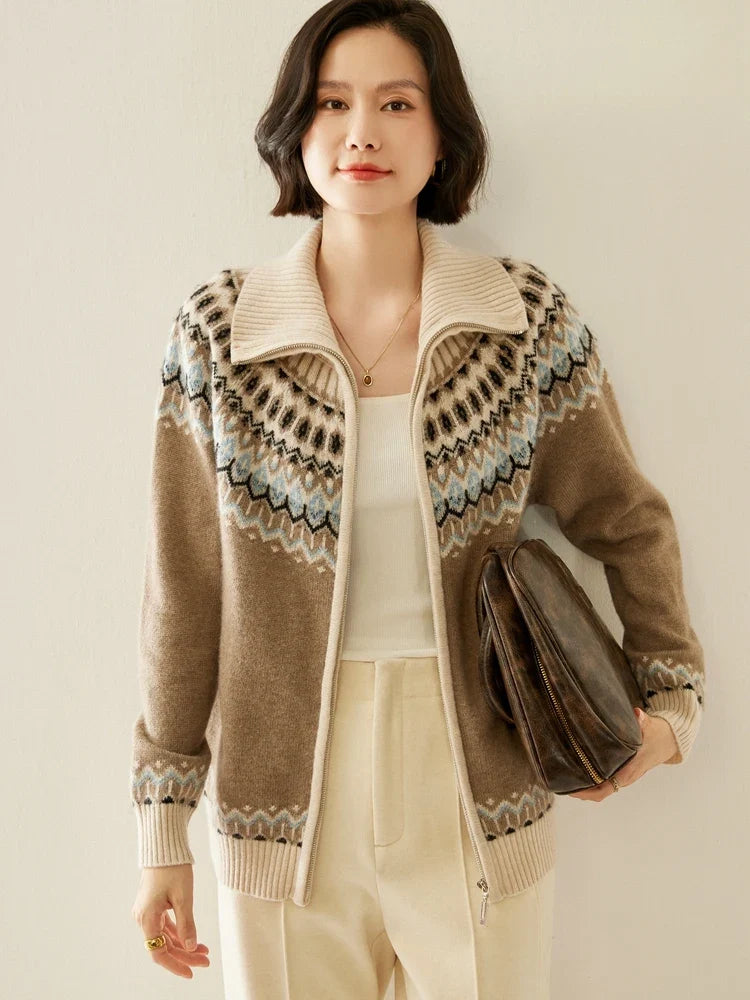 Women's Cashmere Zip Up Cardigan with Fair Isle Pattern and Ribbed Trim