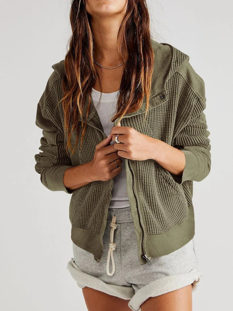 Women's Cropped Waffle Knit Hoodie with Full Zip and Button Collar