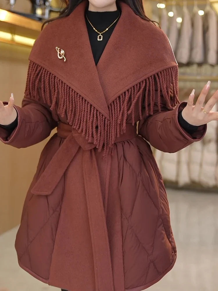Women's Quilted Down Coat with Fringe Detail and Belted Waist