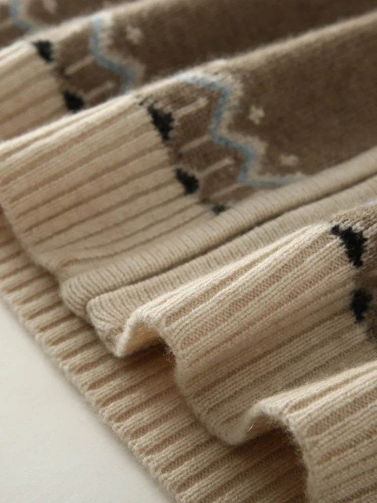 Women's Cashmere Zip Up Cardigan with Fair Isle Pattern and Ribbed Trim