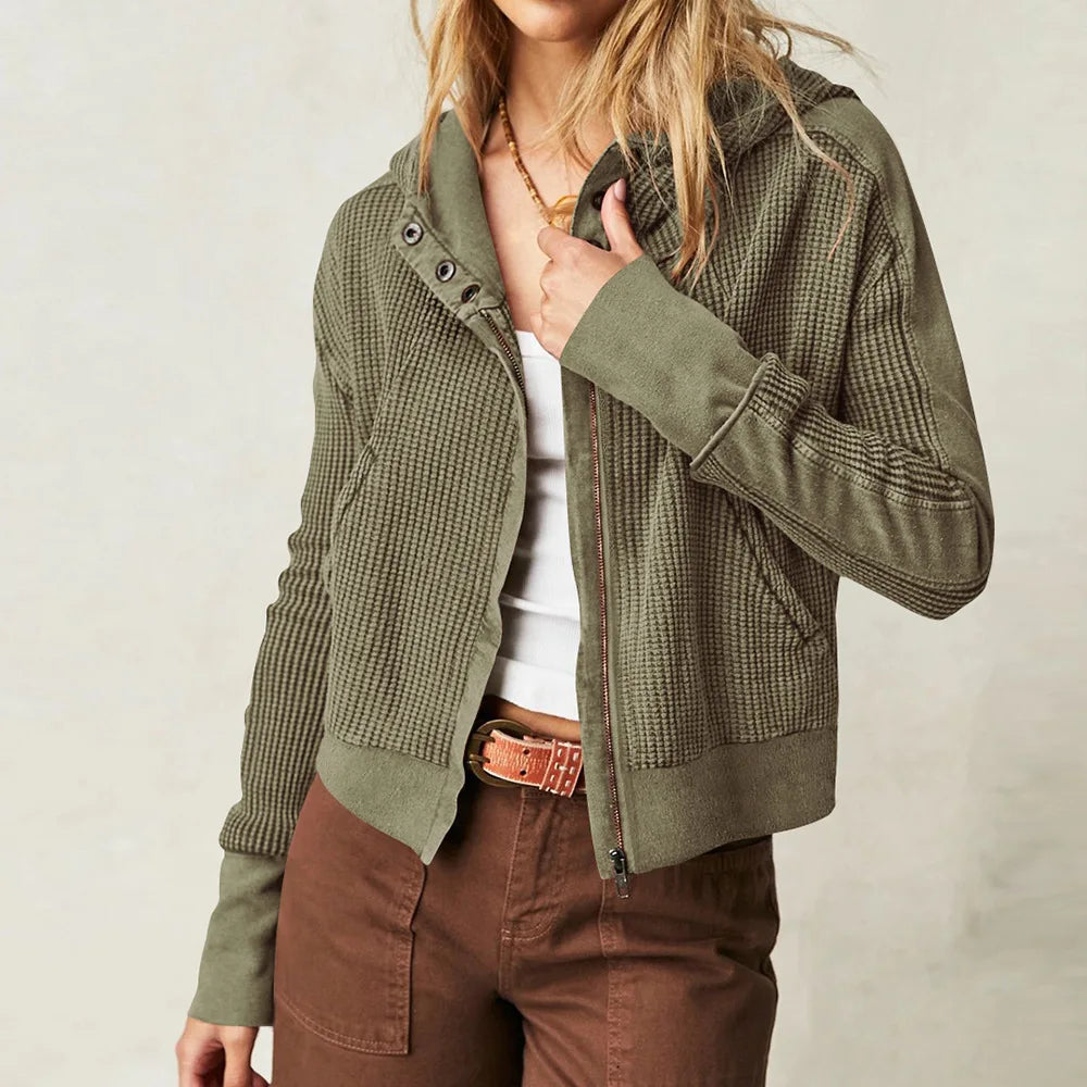 Women's Cropped Waffle Knit Hoodie with Full Zip and Button Collar