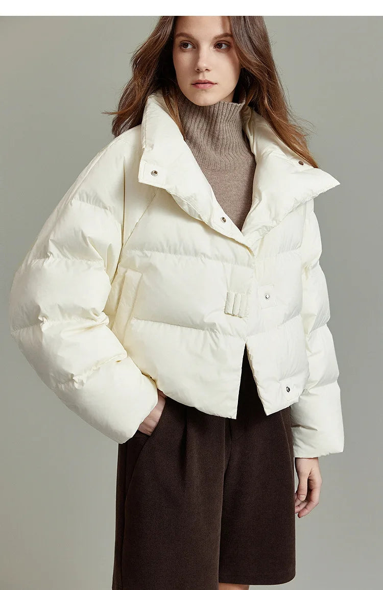Women's Cropped Quilted Puffer Jacket with High Collar and Snap Buttons