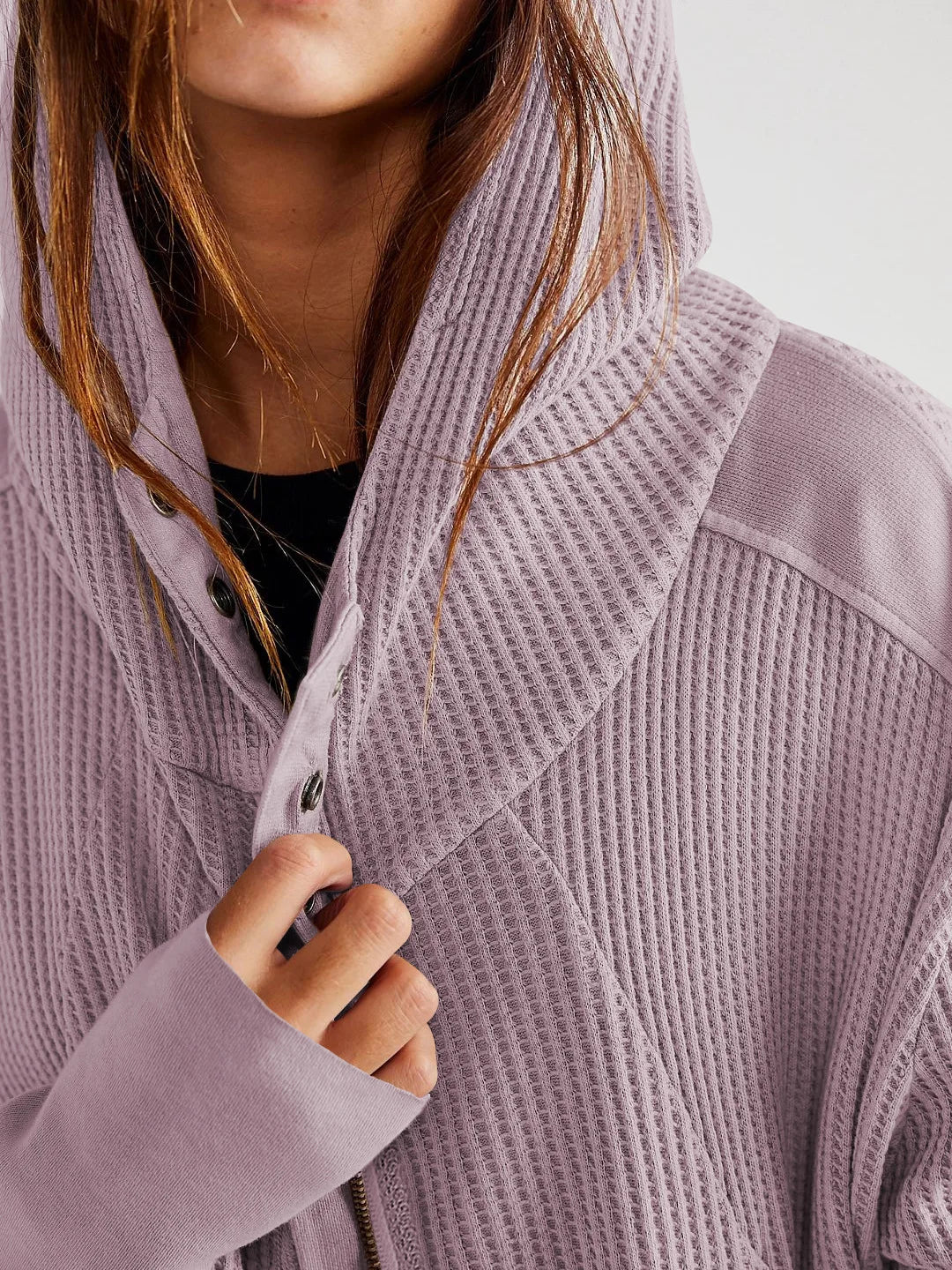 Women's Cropped Waffle Knit Hoodie with Full Zip and Button Collar