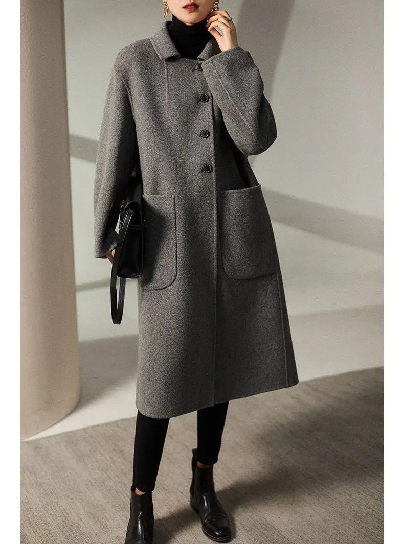 Women's Long Wool Blend Overcoat with Funnel Neck and Button Front