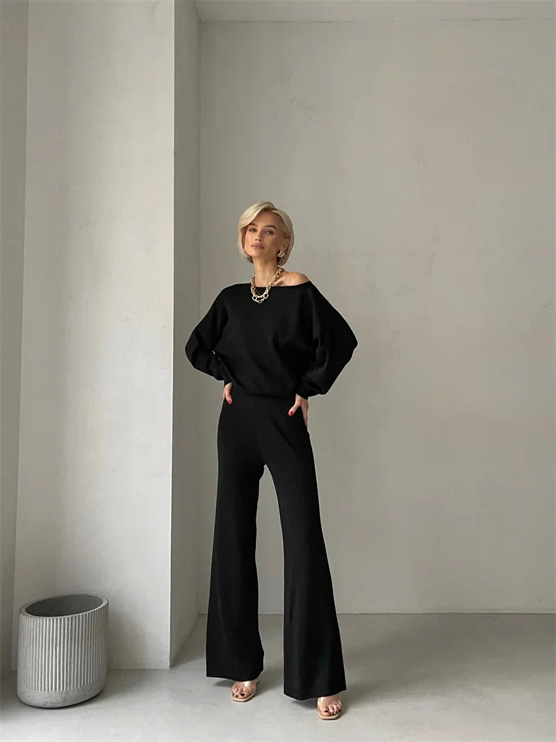 Women's Off Shoulder Knit Sweater and Pants Set with Wide Neck