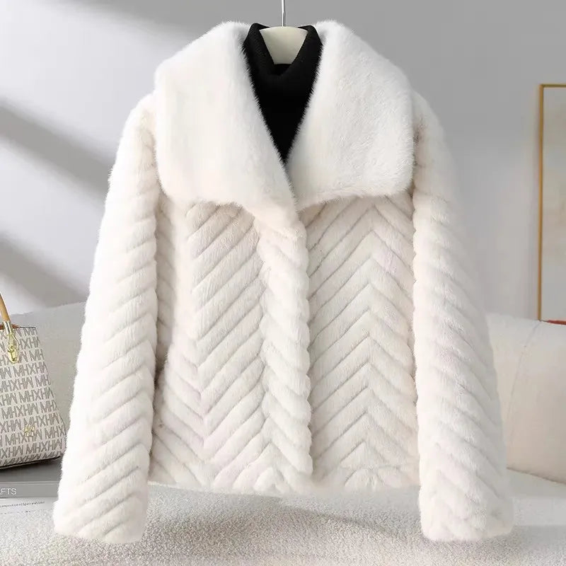 Women's Cropped Faux Fur Jacket with Chevron Quilted Pattern and Collar