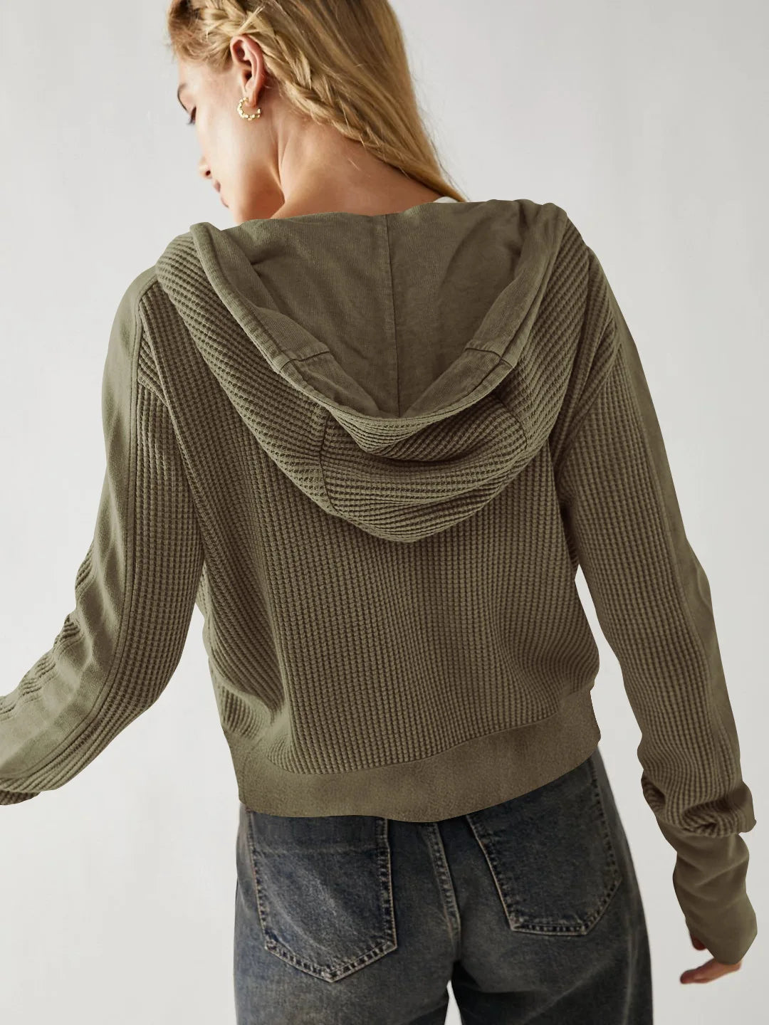 Women's Cropped Waffle Knit Hoodie with Full Zip and Button Collar