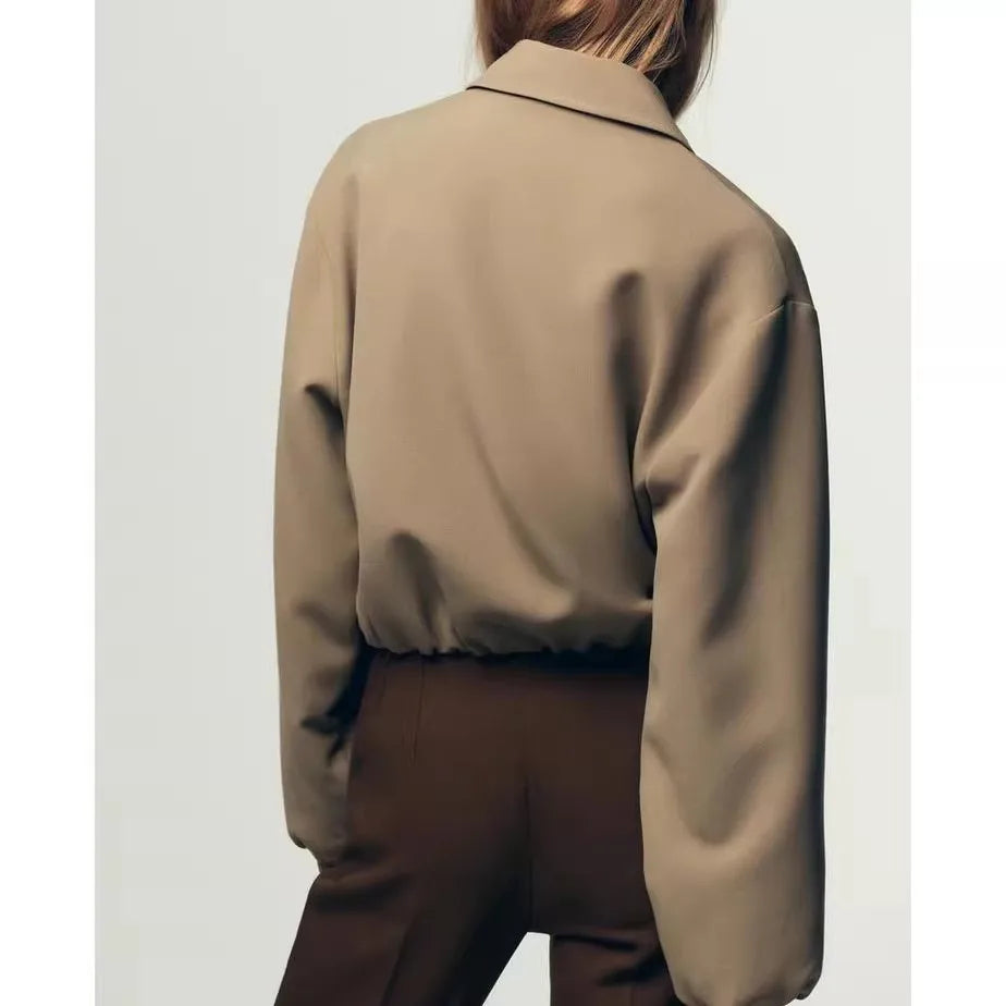 Women's Cropped Lightweight Puffer Jacket with Full Zip and Collar