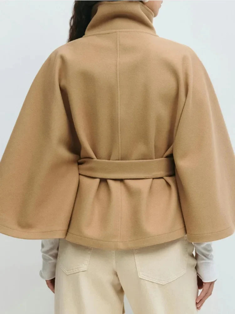 Women's Wool Blend Cape Coat with High Collar and Tie Belt