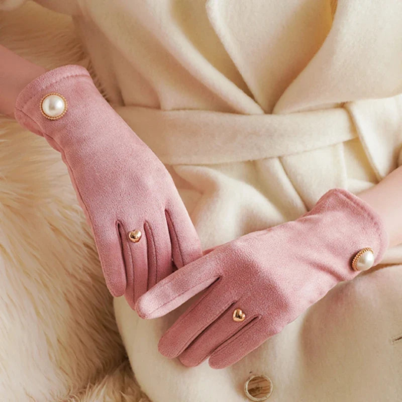 Women's Suede Touchscreen Gloves with Pearl Embellishment