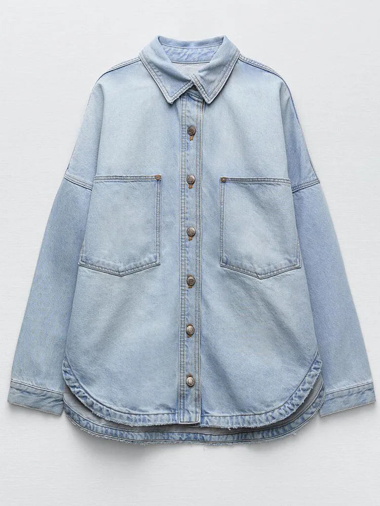 Women's Oversized Denim Shirt with Button Front and Chest Pockets
