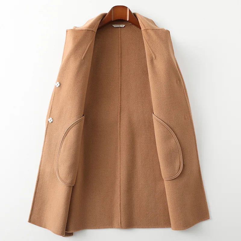 Women's Wool Blend Coat with Tie Belt and Notch Lapel