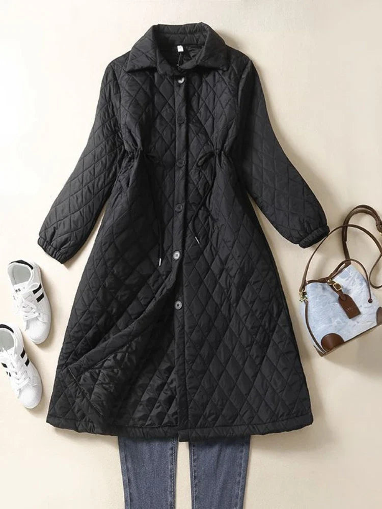 Women's Long Quilted Coat with Drawstring Waist and Button Front