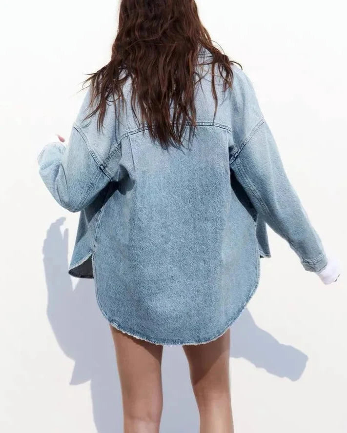 Women's Oversized Denim Shirt with Button Front and Chest Pockets
