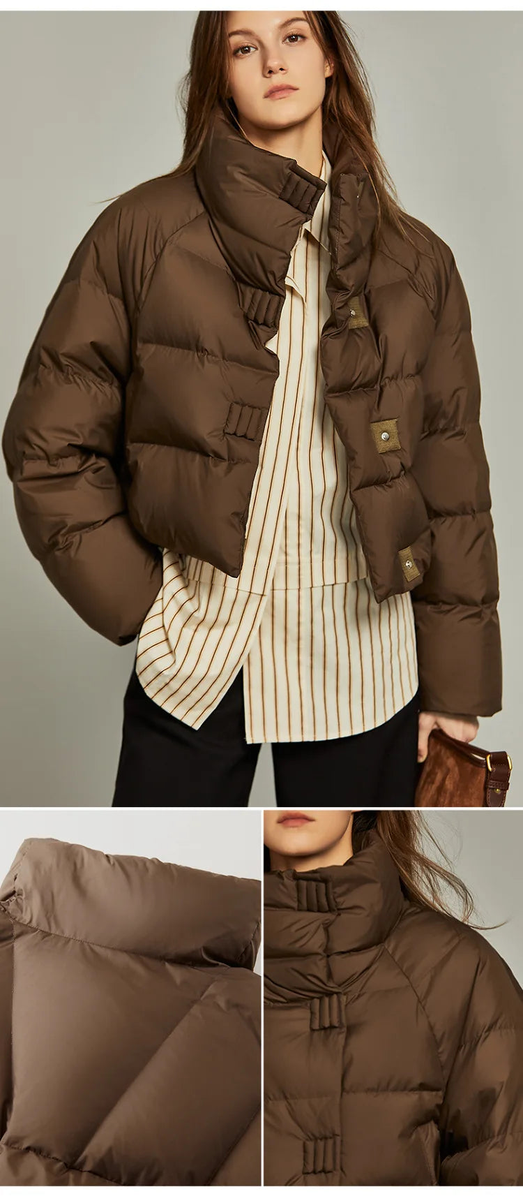Women's Cropped Quilted Puffer Jacket with High Collar and Snap Buttons