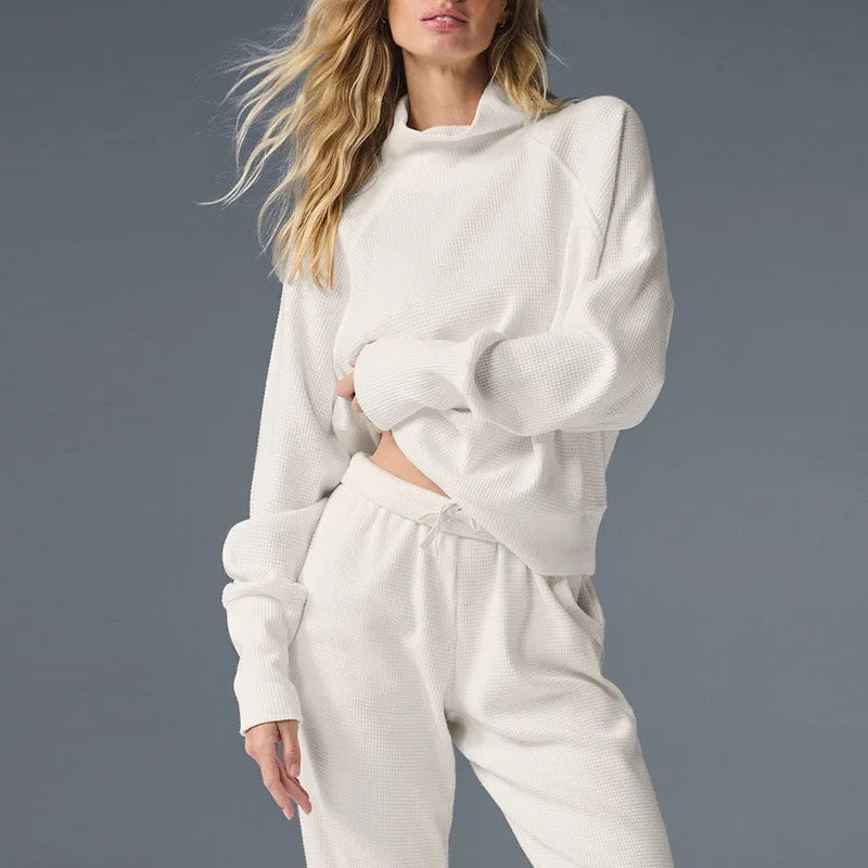 Women's Waffle Knit Sweatshirt and Jogger Pants Set with Funnel Neck