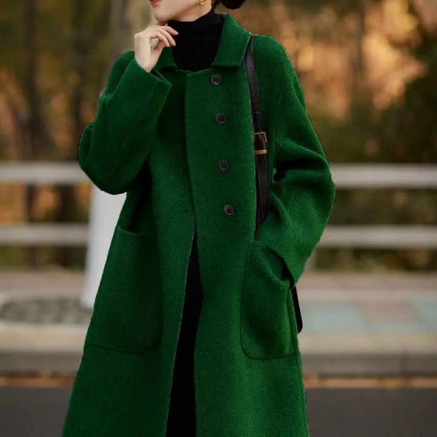 Women's Long Wool Blend Overcoat with Funnel Neck and Button Front