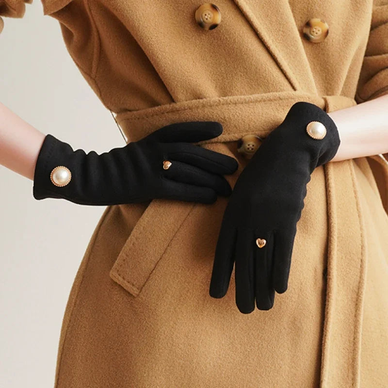 Women's Suede Touchscreen Gloves with Pearl Embellishment