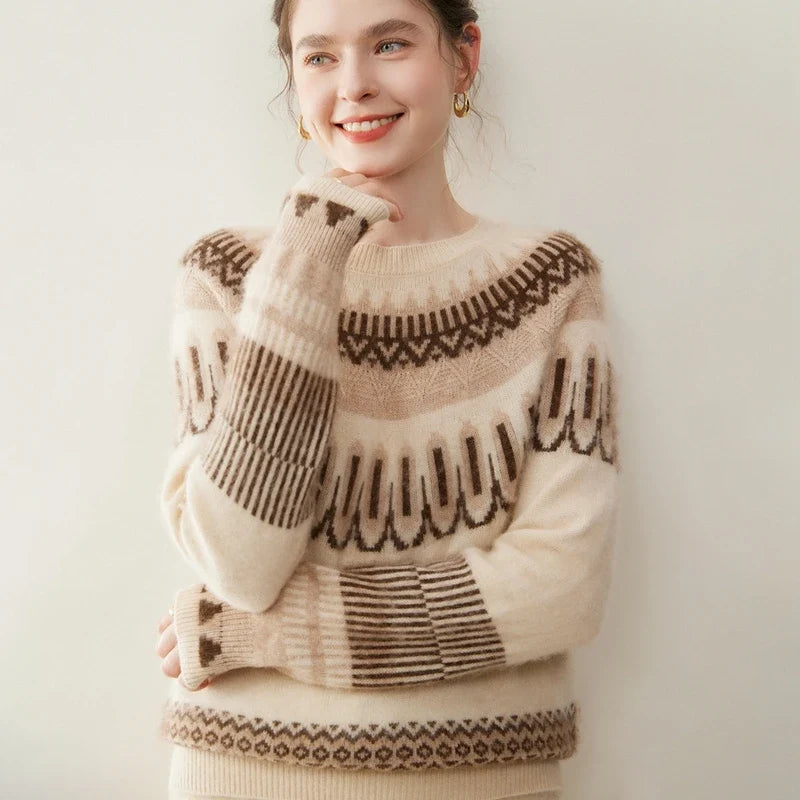 Women's Cashmere Fair Isle Sweater with Crew Neck and Long Sleeves