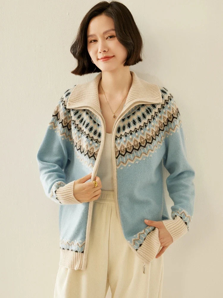 Women's Cashmere Zip Up Cardigan with Fair Isle Pattern and Ribbed Trim