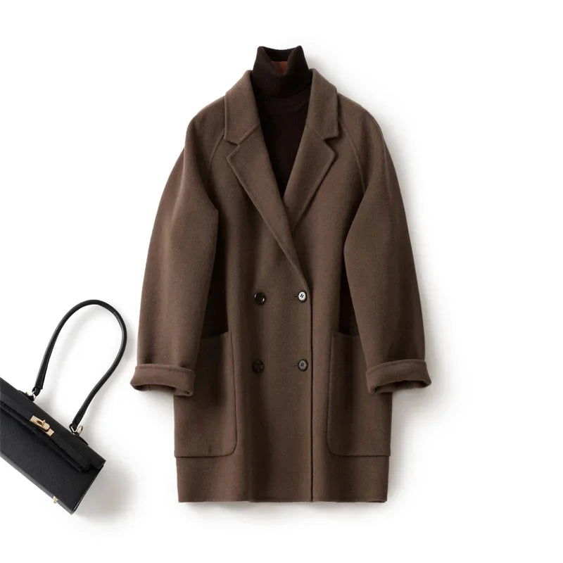 Women's Double Breasted Wool Blend Coat with Notch Lapel