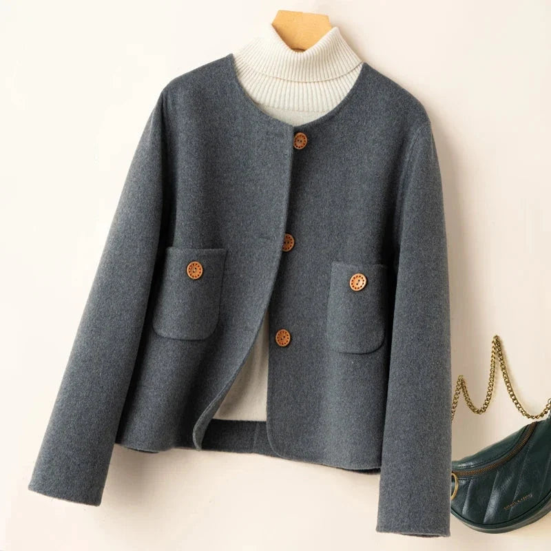 Women's Collarless Wool Jacket with Button Front and Front Pockets