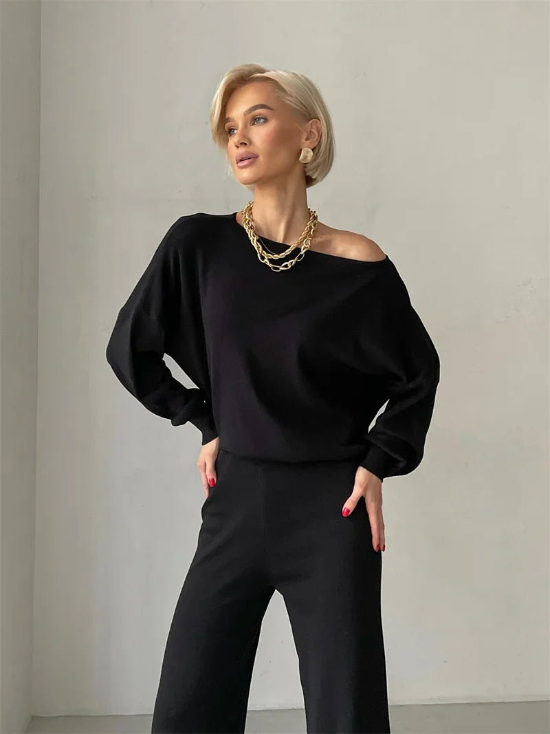 Women's Off Shoulder Knit Sweater and Pants Set with Wide Neck