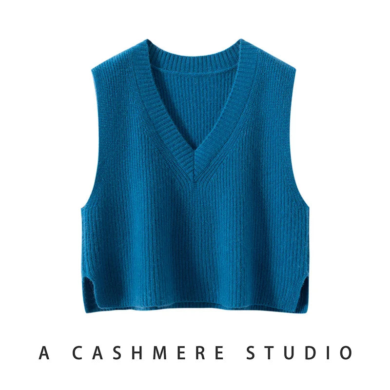 Women's Ribbed Cashmere Sweater Vest with V Neck and Sleeveless Design