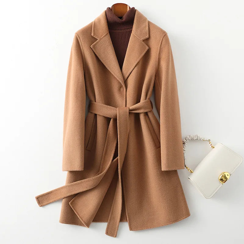 Women's Wool Blend Coat with Tie Belt and Notch Lapel