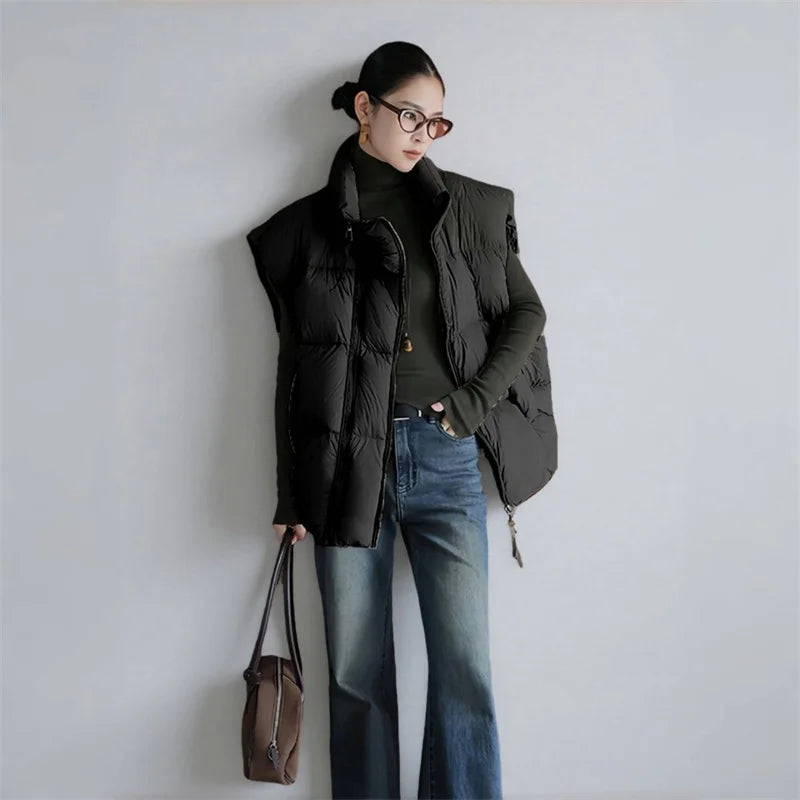 Women's Longline Quilted Puffer Vest with High Collar