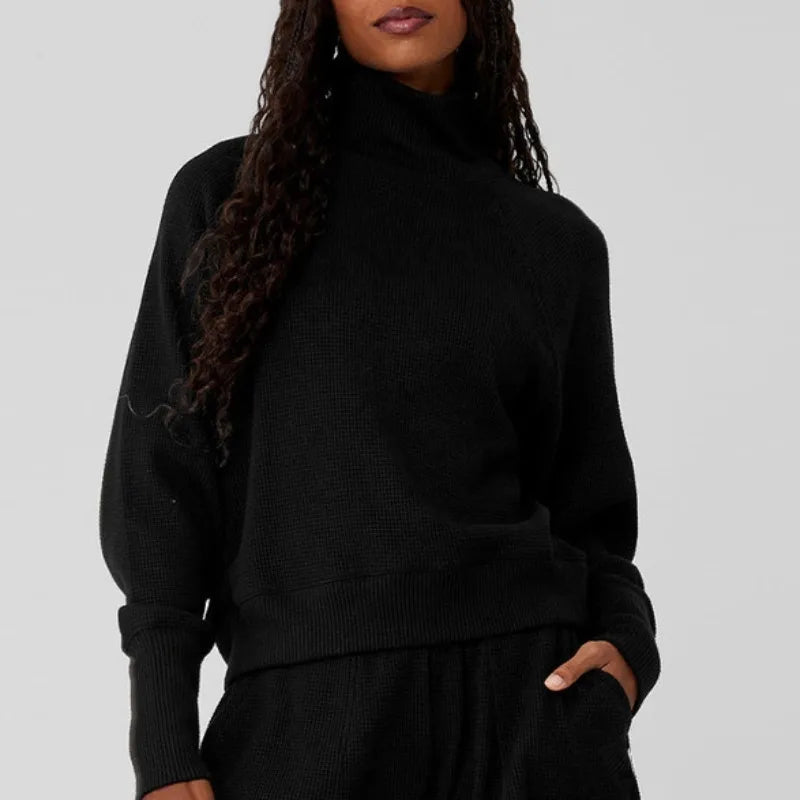 Women's Waffle Knit Sweatshirt and Jogger Pants Set with Funnel Neck