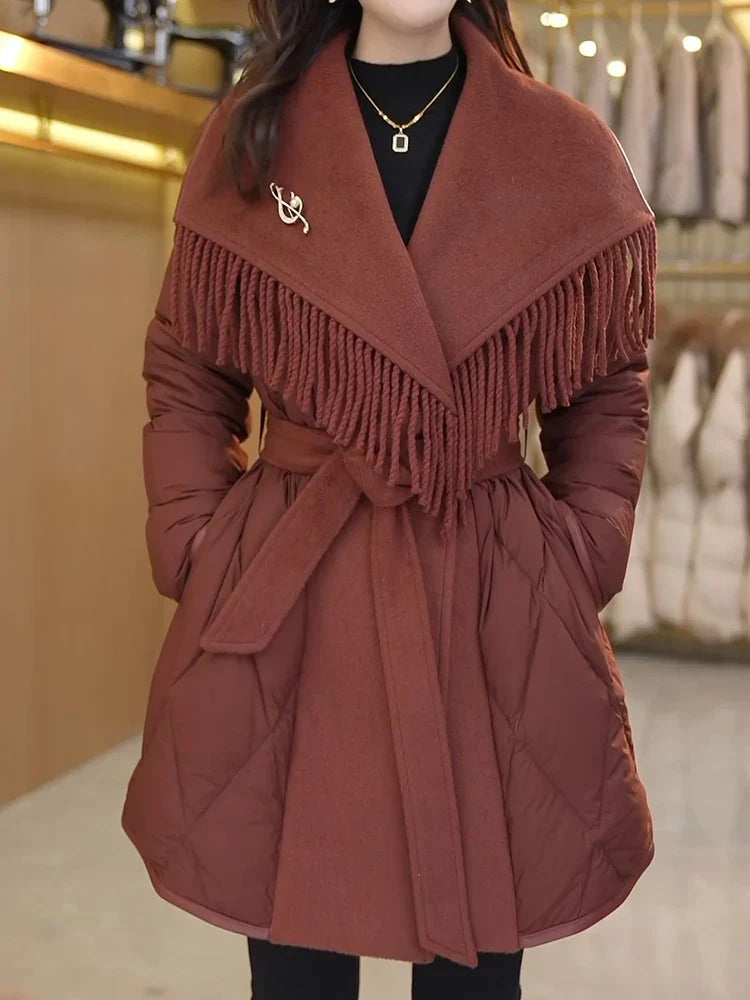 Women's Quilted Down Coat with Fringe Detail and Belted Waist