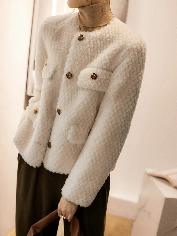 Women's Textured Boucle Jacket with Gold Button Front and Pockets