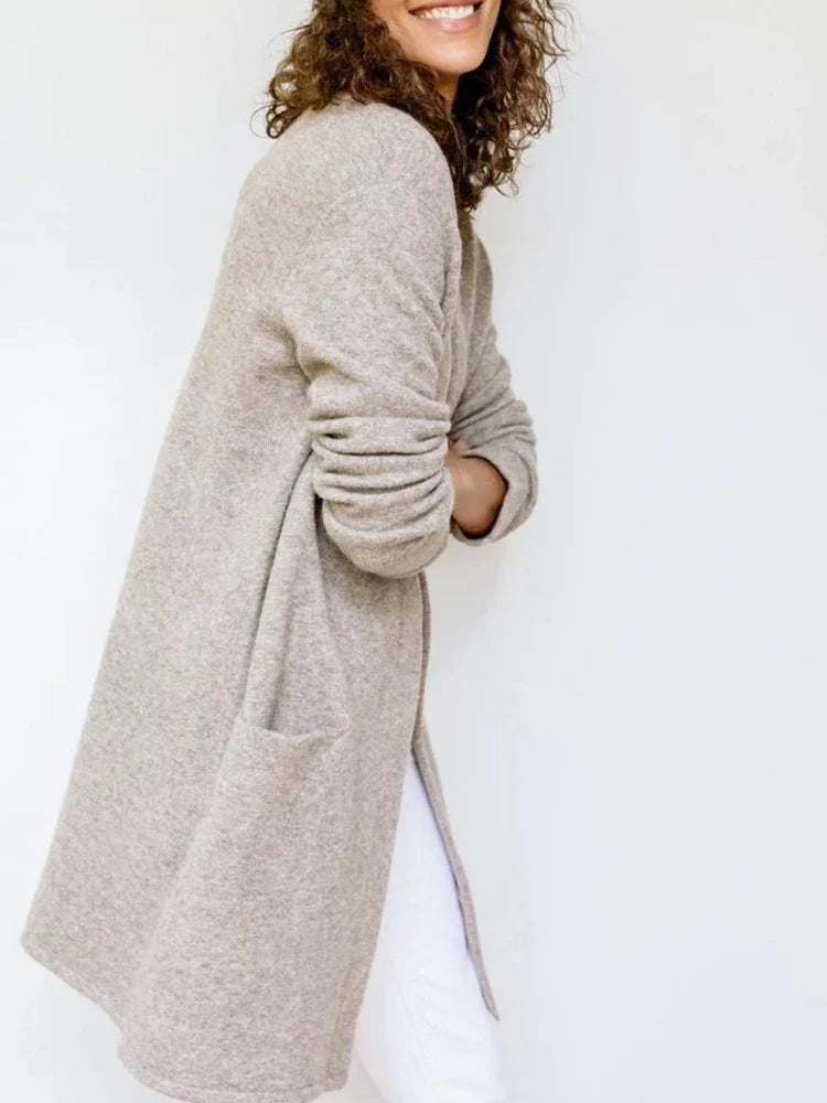 Women's Open Front Knit Cardigan with Pockets and Long Sleeves