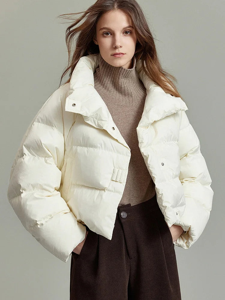 Women's Cropped Quilted Puffer Jacket with High Collar and Snap Buttons