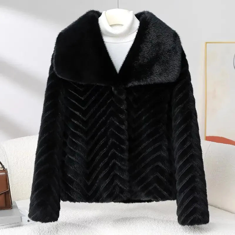 Women's Cropped Faux Fur Jacket with Chevron Quilted Pattern and Collar