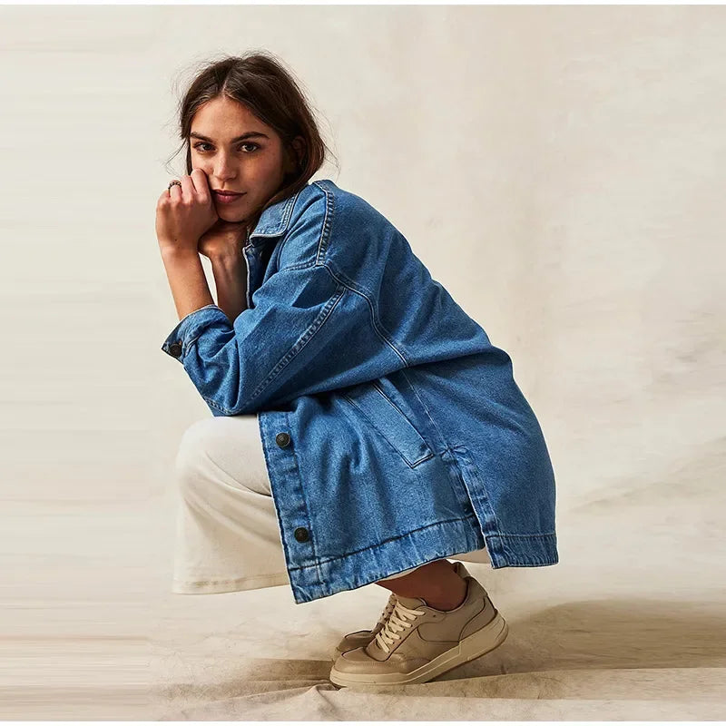 Women's Oversized Denim Shirt Jacket with Button Front and Pockets