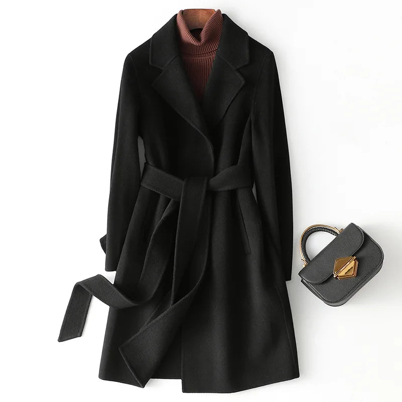 Women's Wool Blend Coat with Tie Belt and Notch Lapel