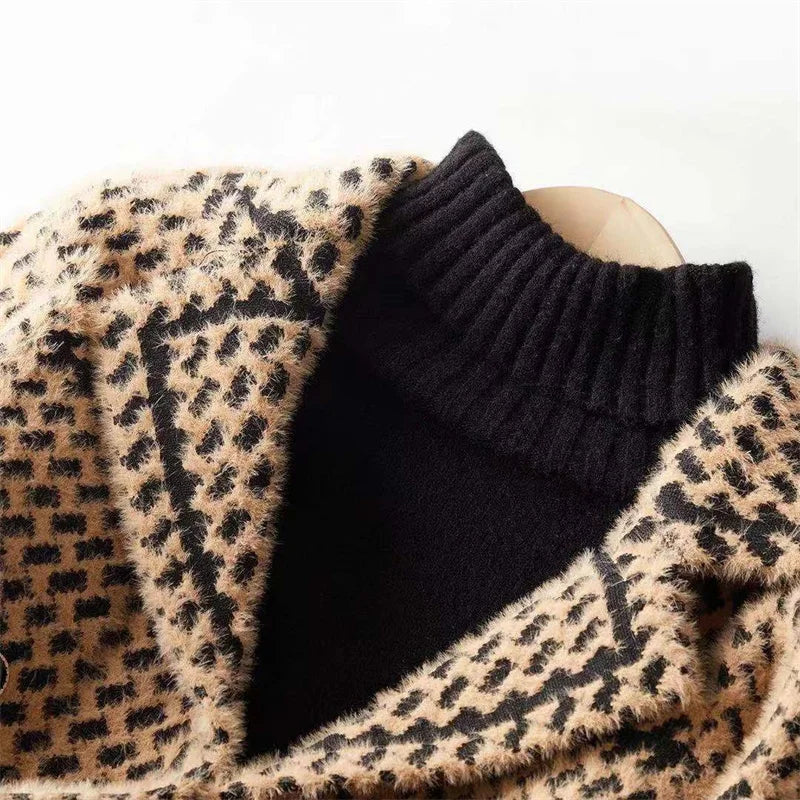Women's Houndstooth Knit Jacket with Double Breasted Button Front