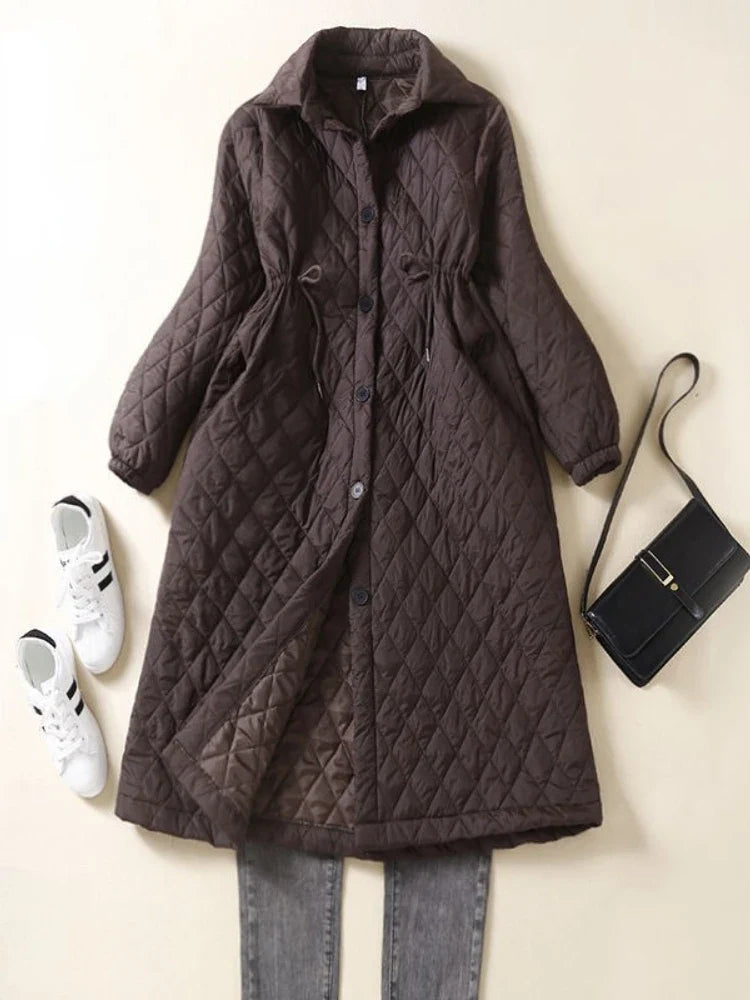 Women's Long Quilted Coat with Drawstring Waist and Button Front