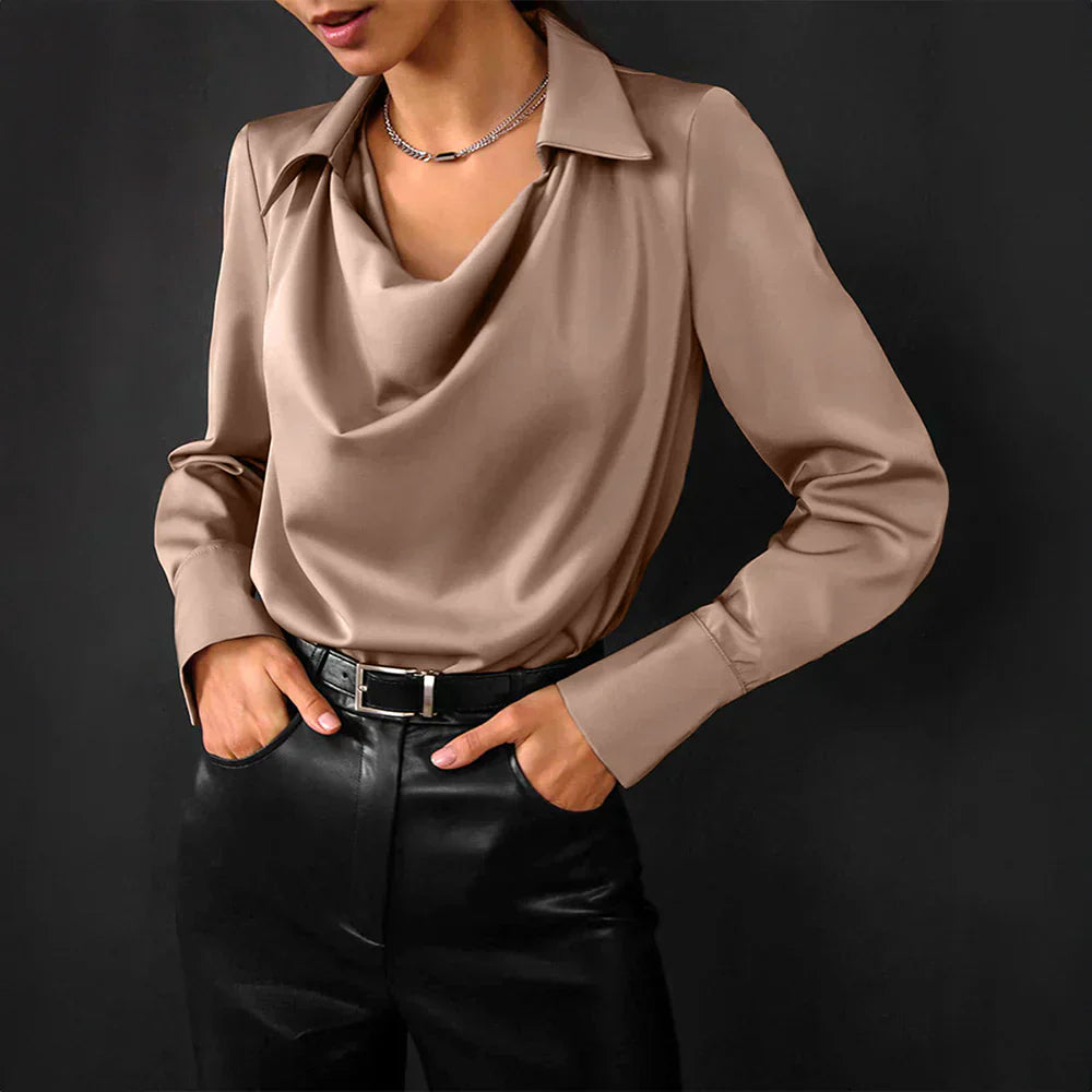 Tessa Collection | Women's Long Sleeve Satin Blouse with Modern Draped Neckline | Elegant Top for Effortless Style 3